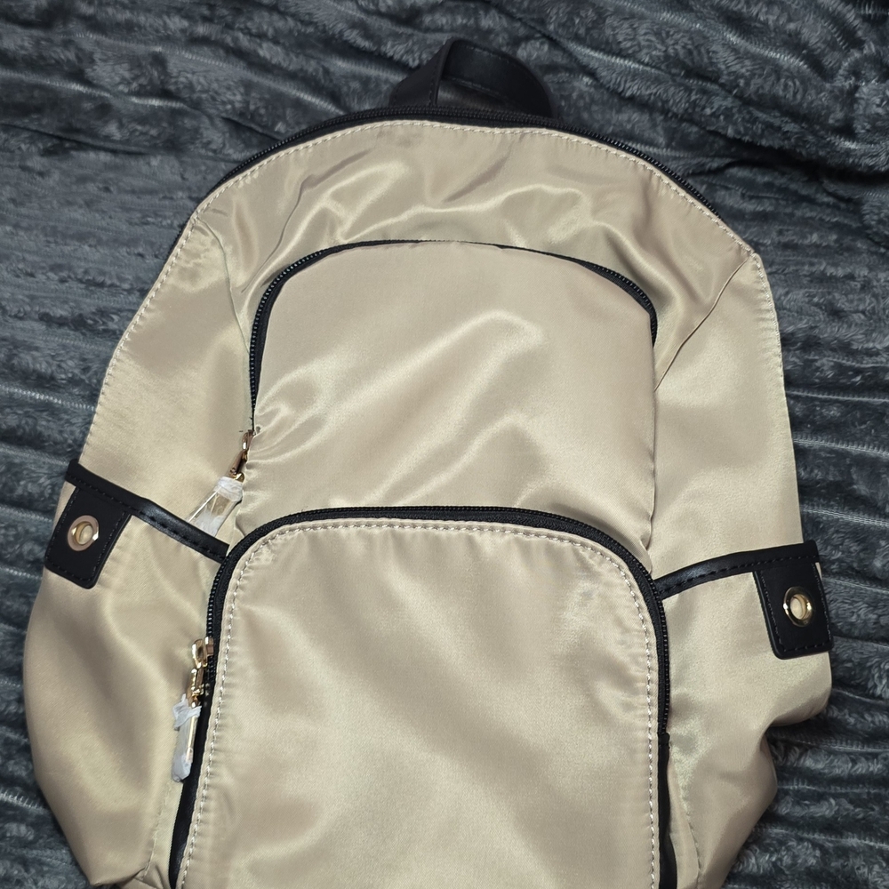 Stylish Tan Mini Nylon Backpack with Black Accents